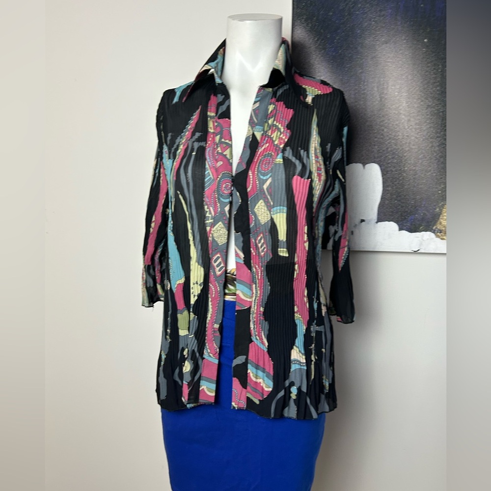 Womens Black Multi-Color Patterned Button-Front Top - Picture 3 of 11